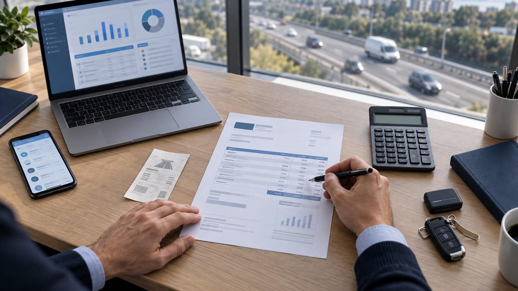 Professionnel vérifiant une facture de péage à son bureau, avec un reçu de péage, une calculatrice et une autoroute en arrière-plan